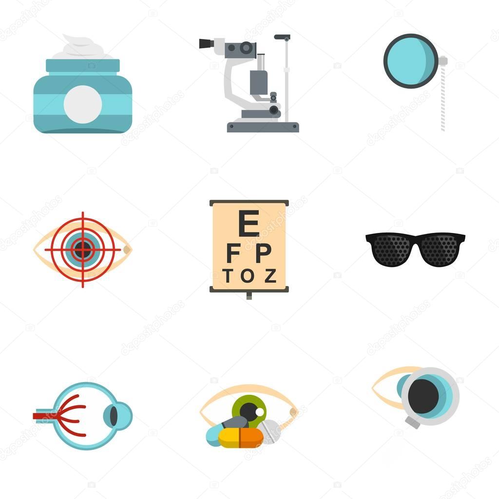 Optical icons set, flat style