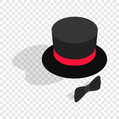 Siyah silindir şapka ve kravat izometrik simgesi