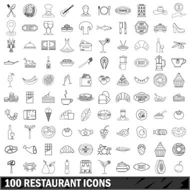 100 Restoran Icons set, anahat stili