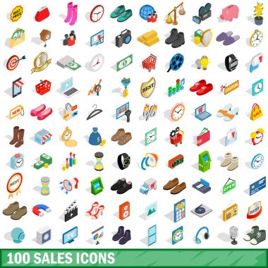 100 satış Icons set, izometrik 3d stili