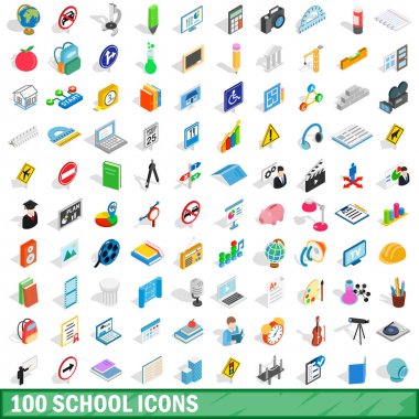 100 okul Icons set, izometrik 3d stili