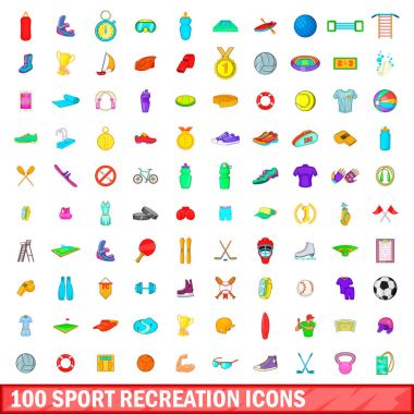 100 spor eğlence simgeler ayarla, tarzı çizgi film