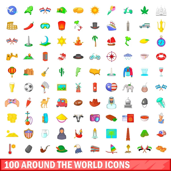 100 ao redor do mundo ícones conjunto, estilo dos desenhos animados — Vetor de Stock