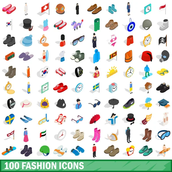 100 conjunto de ícones de moda, estilo 3D isométrico — Vetor de Stock