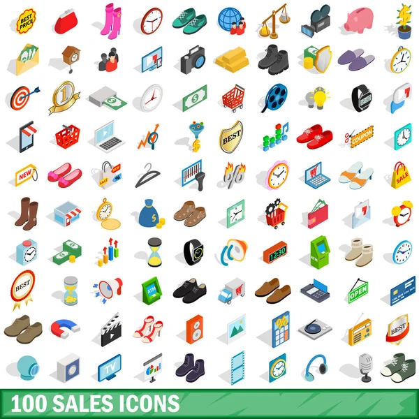 100 satış Icons set, izometrik 3d stili — Stok Vektör