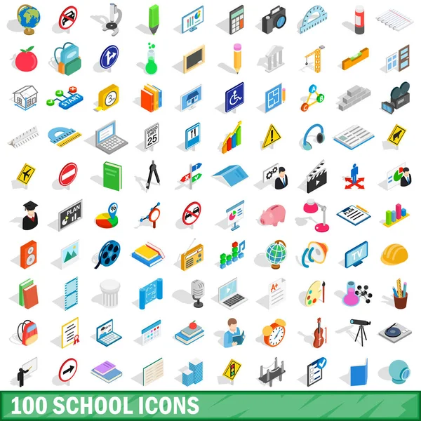 100 school iconen set, isometrische 3D-stijl — Stockvector