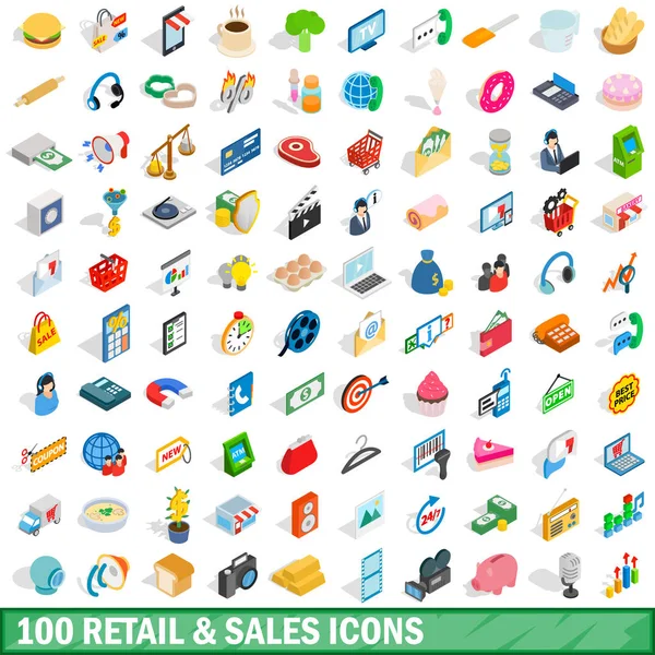 100 conjunto de ícones de vendas de varejo, estilo 3D isométrico — Vetor de Stock