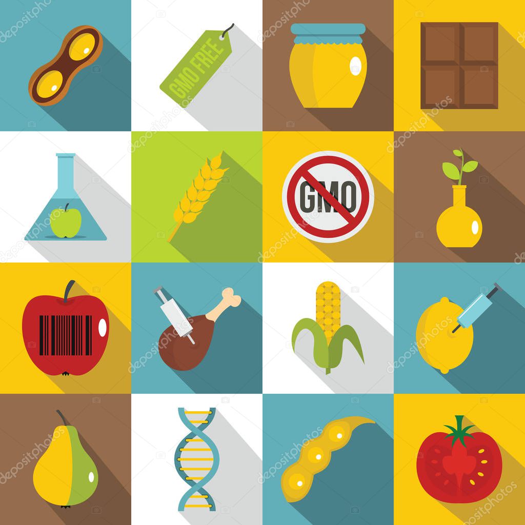 GMO icons set food, flat style