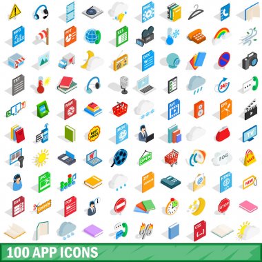 100 app Icons set, izometrik 3d tarzı