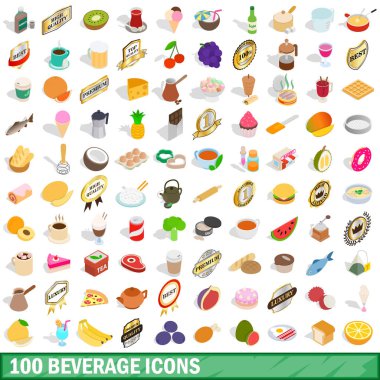 100 içecek Icons set, izometrik 3d stili