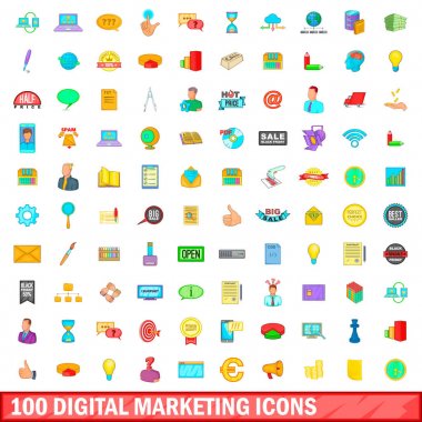 100 dijital Icons set, pazarlama tarzı çizgi film