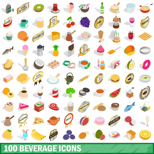 Set di 100 icone per bevande, in stile isometrico 3d — Vettoriale Stock