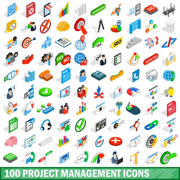 100 iconos de gestión de proyectos, estilo isométrico — Vector de stock