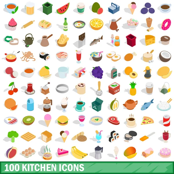 100 conjunto de ícones de cozinha, estilo 3D isométrico —  Vetores de Stock