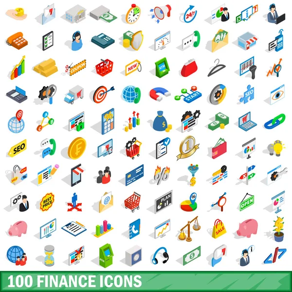 100 финансовых иконок, изометрический 3d стиль — стоковый вектор