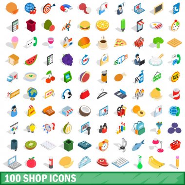100 Dükkanı Icons set, izometrik 3d stili