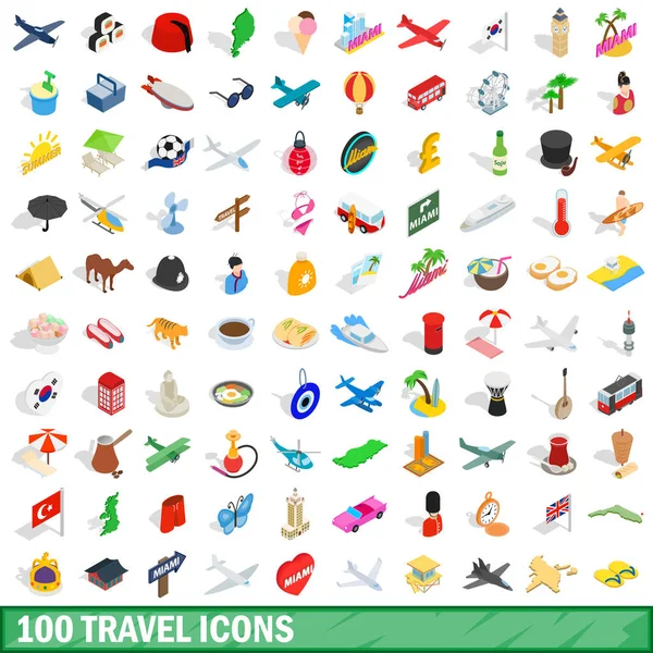100 Icons set, izometrik 3d stil seyahat