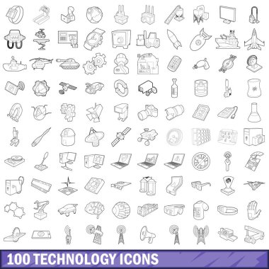 100 teknoloji Icons set, anahat stili