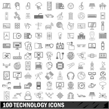 100 teknoloji Icons set, anahat stili