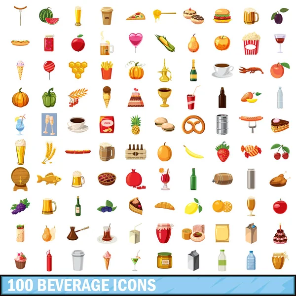 100 conjunto de iconos de bebidas, estilo de dibujos animados — Archivo Imágenes Vectoriales