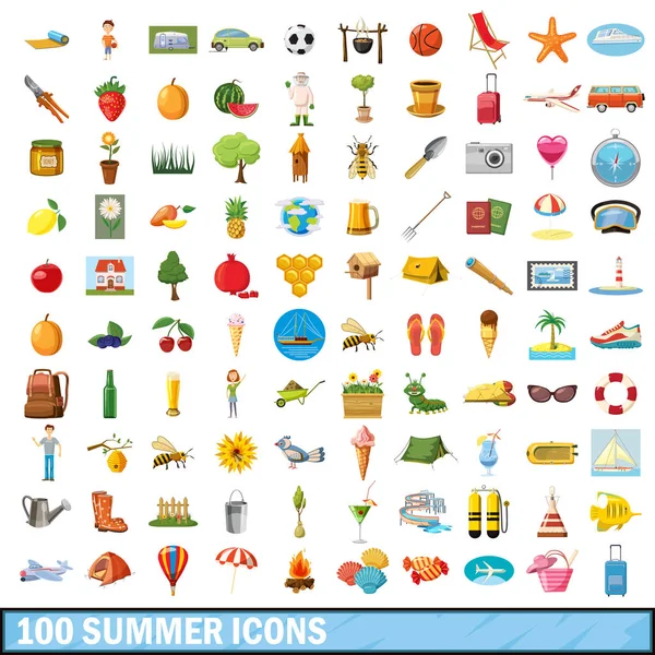 100 ikon musim panas diatur, gaya kartun - Stok Vektor