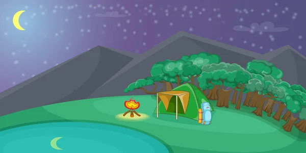 Camping noite bandeira horizontal, estilo dos desenhos animados — Vetor de Stock