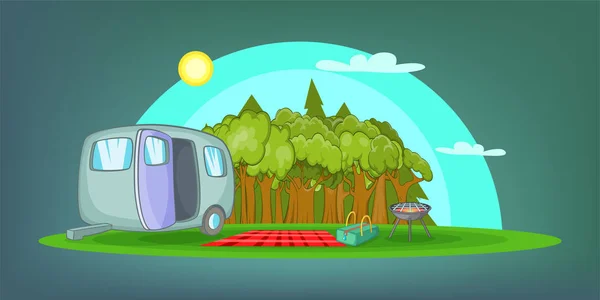 Camping horizontal banner picnic, estilo de dibujos animados — Vector de stock