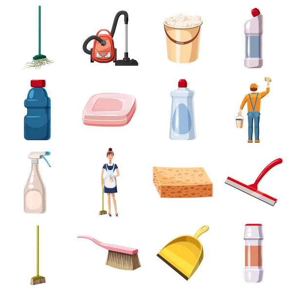 Ícones de limpeza definir detergentes, estilo cartoon — Vetor de Stock