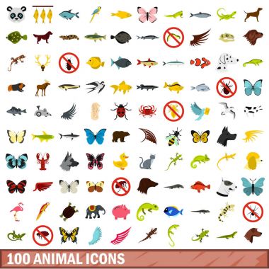 100 hayvan Icons set, düz stil