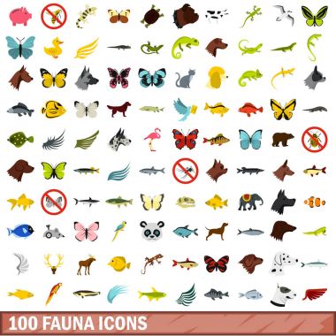100 fauna simgeler ayarla, stil düz