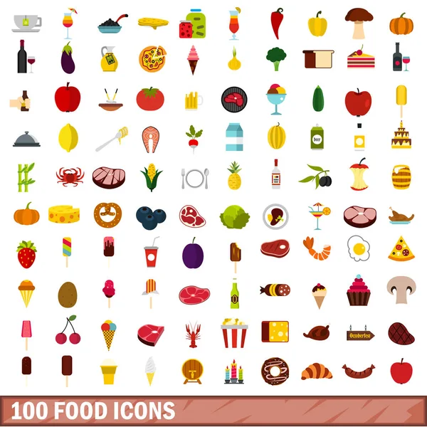 Ensemble de 100 icônes alimentaires, style plat — Image vectorielle