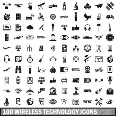 100 kablosuz teknoloji Icons set, basit tarzı