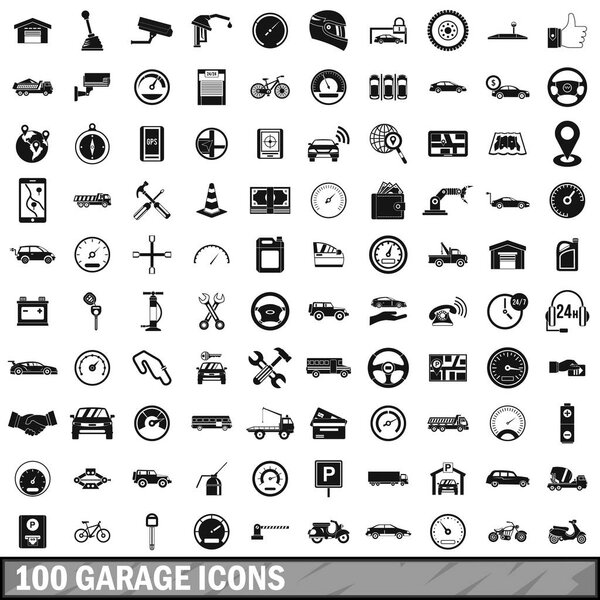 Комплект из 100 иконок гаража, простой стиль
