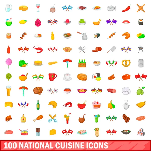 Ensemble de 100 icônes de la cuisine nationale, style dessin animé — Image vectorielle