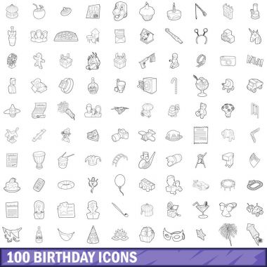 100 doğum günü Icons set, anahat stili