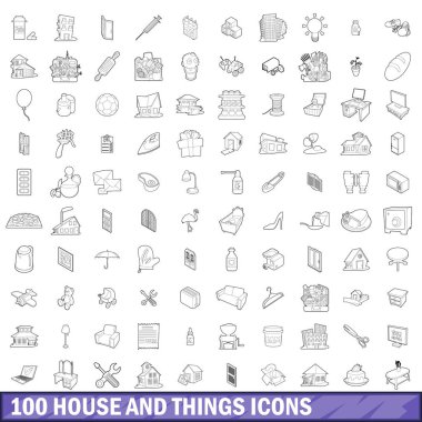 100 ev ve şeyler Icons set, anahat stili