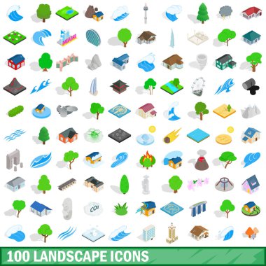 100 manzara Icons set, izometrik 3d stili