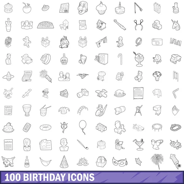 100 doğum günü Icons set, anahat stili