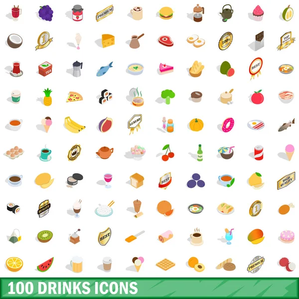 100 conjunto de ícones de bebidas, estilo 3D isométrico — Vetor de Stock