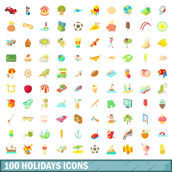 100 conjunto de iconos de vacaciones, estilo de dibujos animados — Vector de stock