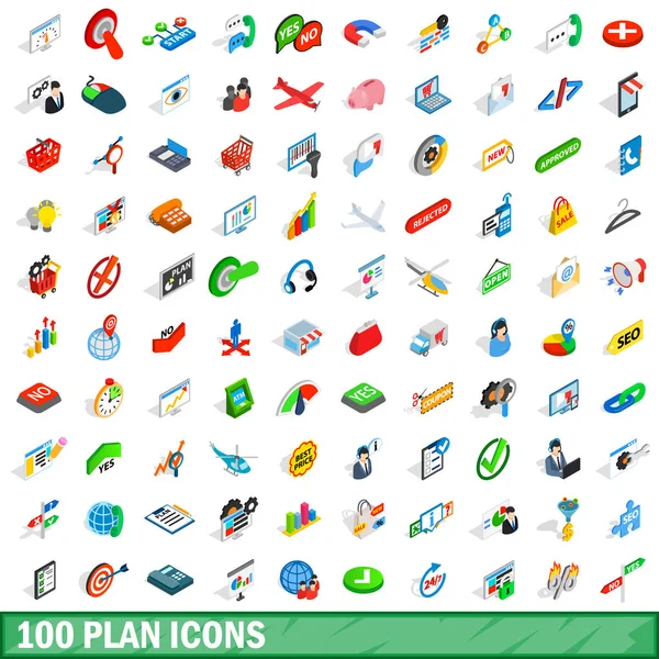 100 ikon rencana diset, gaya isometrik 3d - Stok Vektor