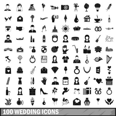 100 düğün Icons set, basit tarzı