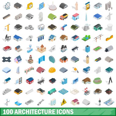 100 Mimarlık Icons set, izometrik 3d stili
