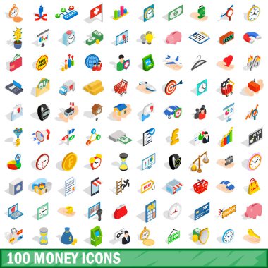 100 para Icons set, izometrik 3d stili