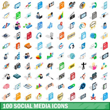 100 Sosyal Medya Icons set, izometrik 3d stili