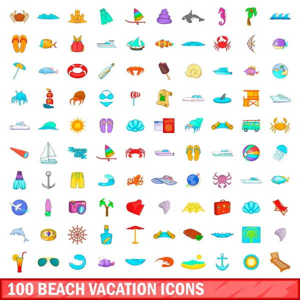 100 conjunto de iconos de vacaciones de playa, estilo de dibujos animados — Vector de stock