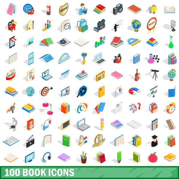 100 boeken iconen set, isometrische 3D-stijl — Stockvector