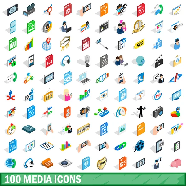 Conjunto de 100 iconos multimedia, estilo 3D isométrico — Vector de stock