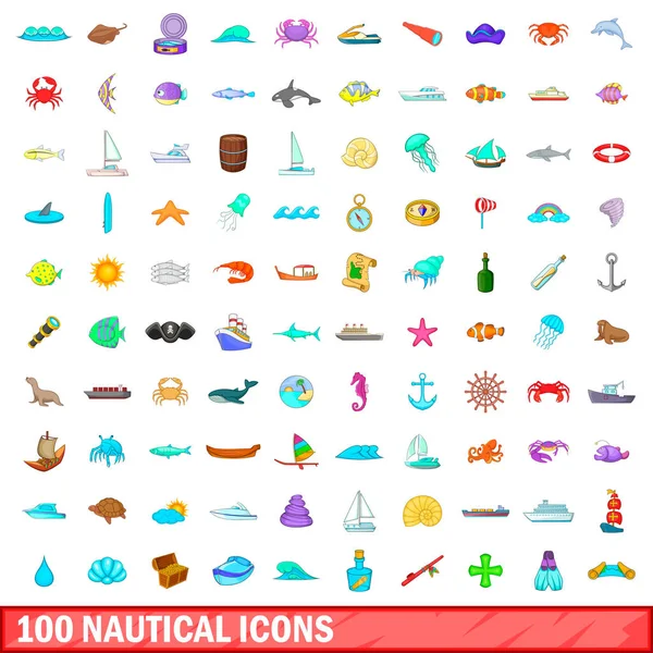 100 морських значків, мультиплікаційний стиль — стоковий вектор