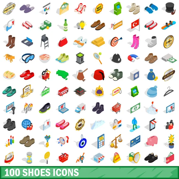 100 shoes icons set, isometric 3d style — Stock Vector
